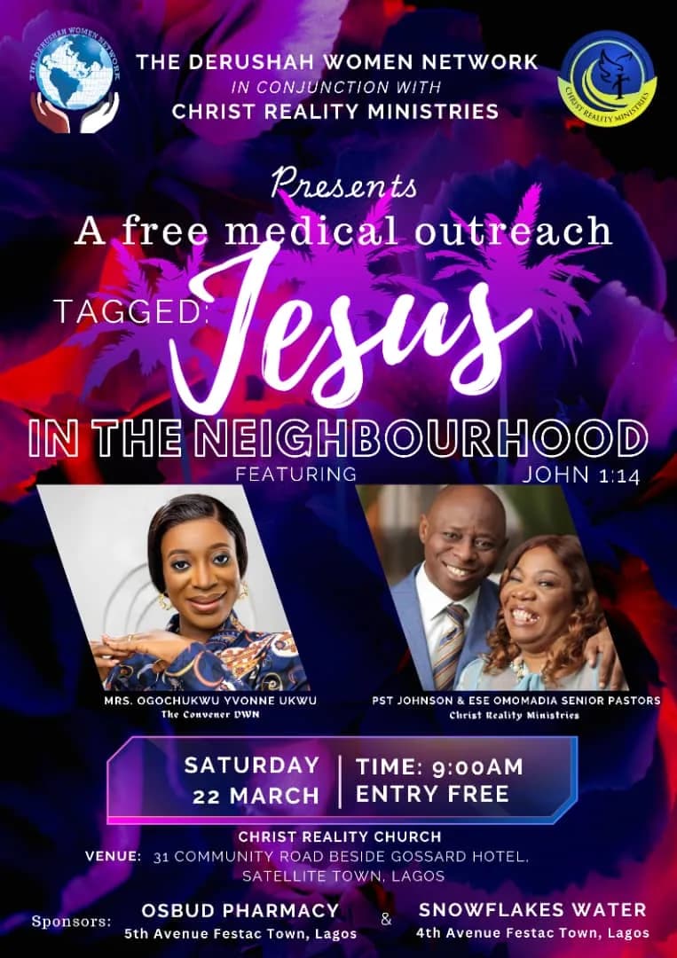 Flyer for the free medical outreach tagged “Jesus in the Neighbourhood”, 22 March at Christ Reality Church